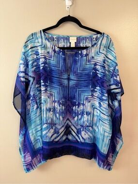 Chico's Blue & Purple Abstract Print Flowing Dolmen Sleeve Flowy Tunic S/M